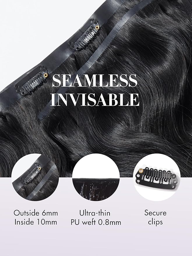 LUVME Hair Extensions Natural Black 24 Inch 135g 7pcs Real Human Hair Body Wavy Remy Clip in Human Hair Extensions Thick Hair