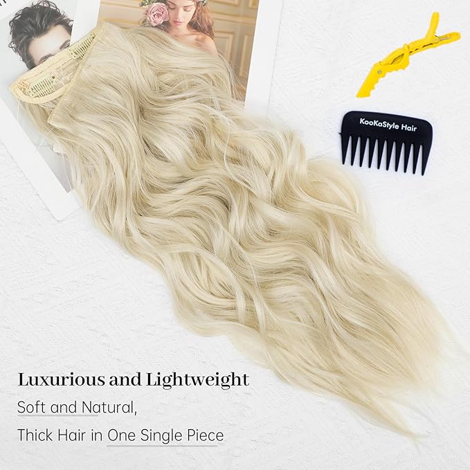 KooKaStyle Invisible Wire Hair Extensions with Transparent Wire Adjustable Size 4 Secure Clips Long Wavy Secret Hairpiece 20 Inch Platinum Blonde for Women