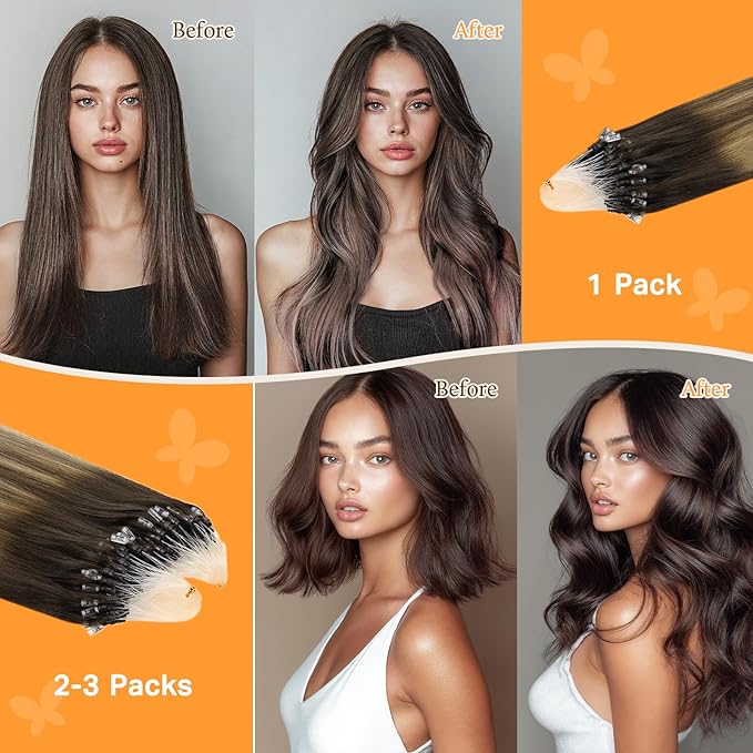 DOORES Micro Link Remy Hair Extensions for Women, Balayage Chocolate Brown to Caramel Blonde 18 Inch 50g/50s, Invisible Micro Ring Hair Extensions Straight Hair