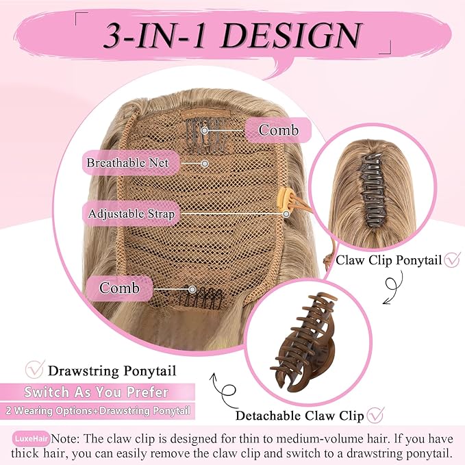 Ponytail Extension, 24" Long Straight Claw Clip Ponytail Extension clip on ponytails hair clip Hair claw clip Fake Ponytail Hairpieces for Women - Pecan Blonde