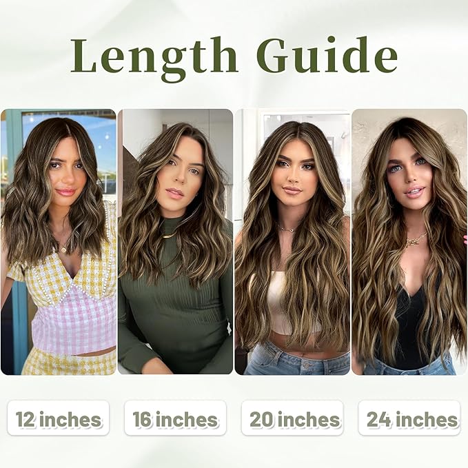 KooKaStyle Invisible Wire Hair Extensions with Transparent Wire Headband Adjustable Size 4 Secure Clips Long Wavy Hairpiece for Women (16 inch, Balayage Chocolate Brown to Caramel Blonde)
