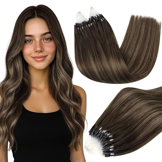 Full Shine Micro Loop Hair Extensions Real Human Hair 24 Inch 50G with 7G Micro Beads Dark Brown Mixed Ash Brown Micro Link Hair Extensions Human Hair Natural Long Extensions add Length