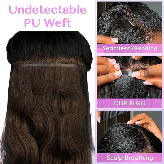 IDN BEAUTY Seamless Clip In Hair Extensions Real Human Hair Chocolate Brown Body Wave Seamless Clip Ins For Black Women PU Weft Invisible Edge Thick Ends 110g 16 Inch 7pcs Colored Extensions