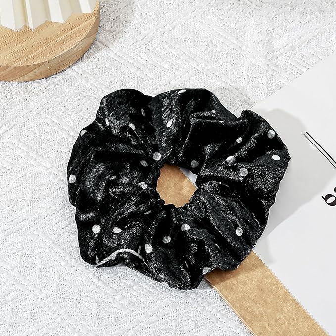 2-Piece Velvet Hair Scrunchies, Big Non Slip Polka Dot Hair Ties for Daily Styling, Parties & Workouts, No Damage Scrunchy Ponytail Holders Hair Accessories for Women & Girls (Black & Gray)