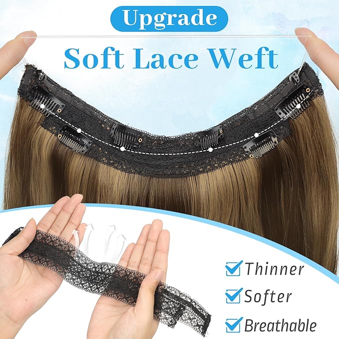 KooKaStyle Invisible Wire Hair Extensions Long Straight Layered Synthetic with Transparent Wire Adjustable Size 6 Secure Clips Hairpieces for Women 16 Inch (Balayage Chocolate Brown to Caramel Blonde)