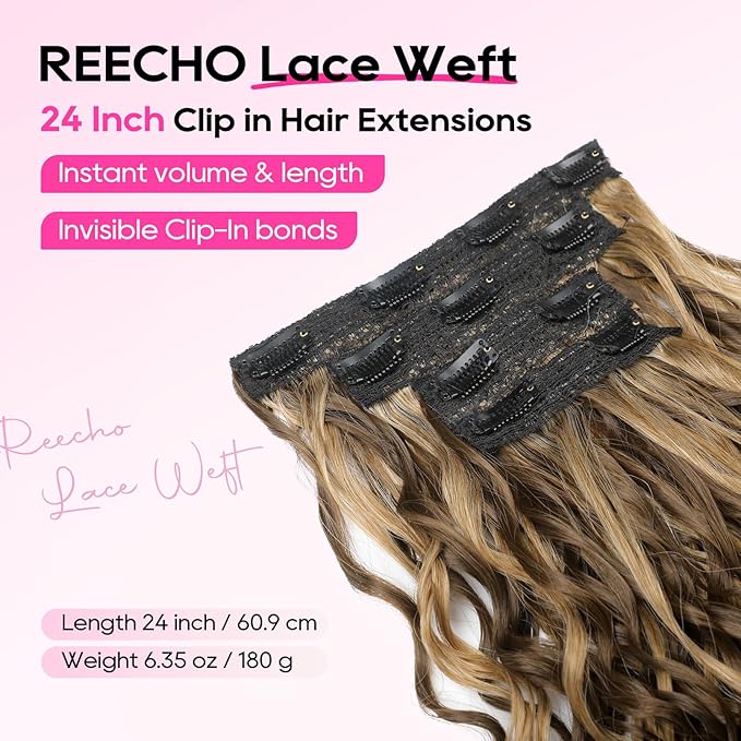 REECHO Curly Hair Extensions, 4PCS 24 inch Clip in Hair Extensions Lace Weft Short Curly Extensions Clip Ins Invisible Natural Hairpieces for Women, Chocolate Brown with Highlights