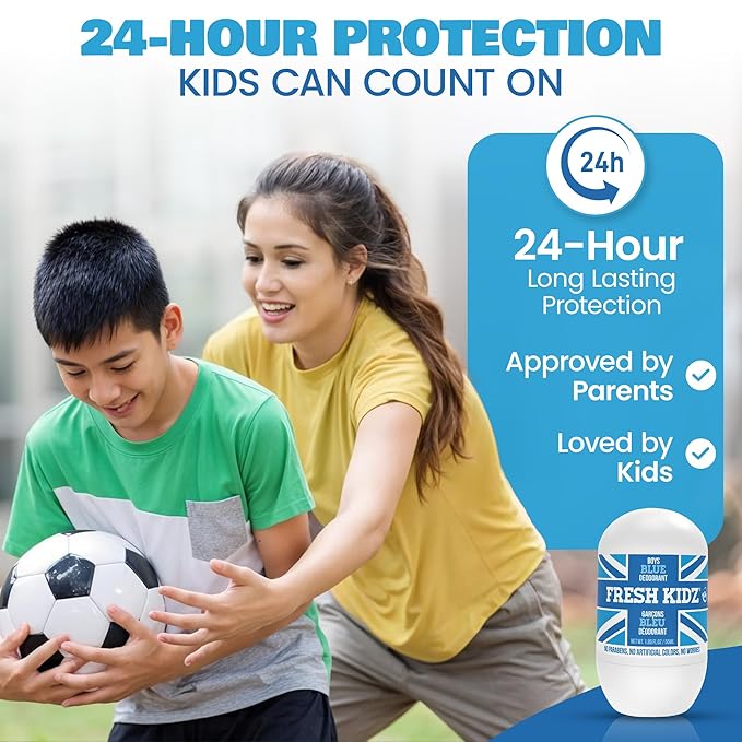 Fresh Kidz Roll On Deodorant for Kids and Teens - Baking Soda and Aluminum-free 24 Hour Protection for Sensitive Skin - Boys "Blue" 1.86 fl.oz. (3 Pack)