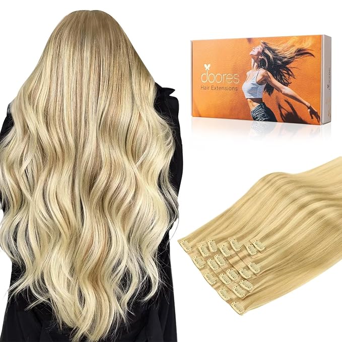 DOORES Hair Extensions Seamless Clip in Real Human Hair, DirtyBlonde Highlight Golden Blonde 18 Inch 110g 7pcs, Human Hair Extensions Skin Weft Remy Straight Hair Invisi Edge Hair Extensions