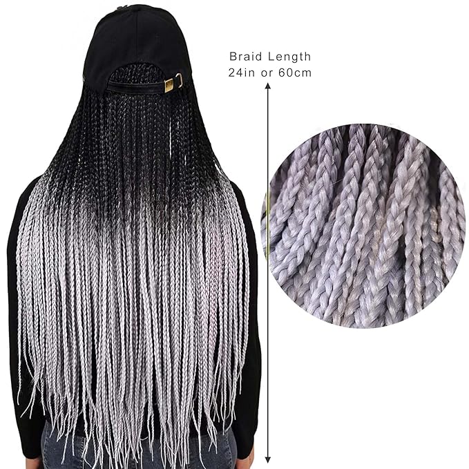 24in 3x Braided Wigs Hat Ombre Silver Gray, Ghic Bling Cap Wig for Women Girls Easy Style