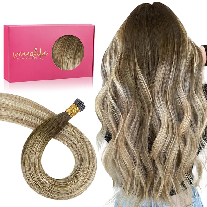 WENNALIFE I Tip Hair Extensions Human Hair, 50g 50s 20 Inch Ombre Walnut Brown to Ash Brown and Bleach Blonde Remy Itip Human Hair Extensions Invisible Itips Straight I Tips Fusion Extensions Real