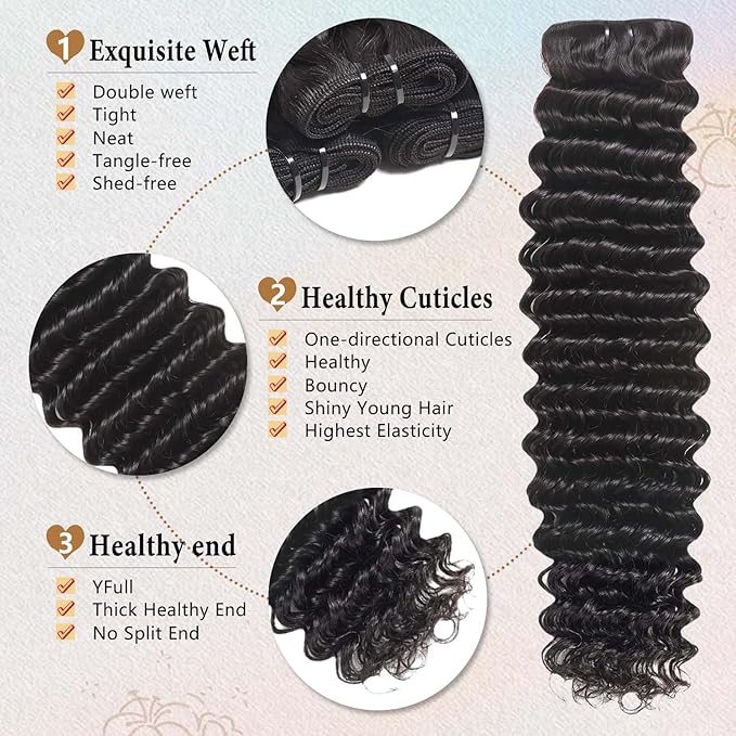 Deep Wave 4 Pcs Human Hair 100% Unprocessed Brazilian Virgin Remy Hair Bundles 12A Deep Curly Weave Human Hair Bundles Double weft Deep Wave Natural Black Color 24 26 28 30 lnch