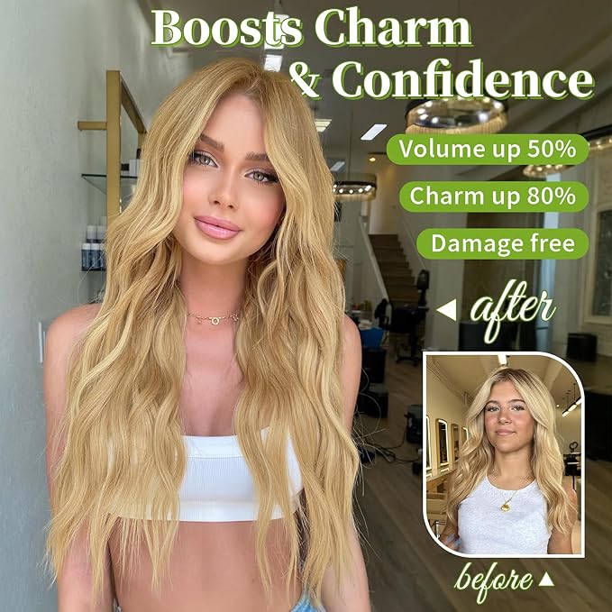 KooKaStyle Invisible Wire Hair Extensions with Transparent Wire Adjustable Size Long Wavy Synthetic Hairpiece Golden Blonde 20 Inch with 4 Secure Clips for Women
