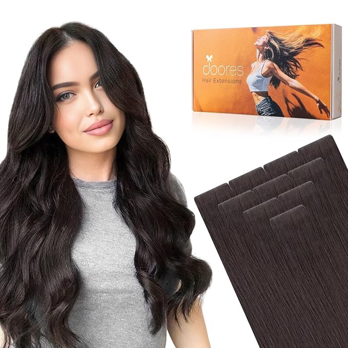 DOORES Injected Human Hair Extensions Tape in Invisi Edge, Dark Brown 10pcs Injection Tape-ins 25g 18 Inch, Invisible Injected Tape in Extensions Natural Virgin Hair Thick Ends