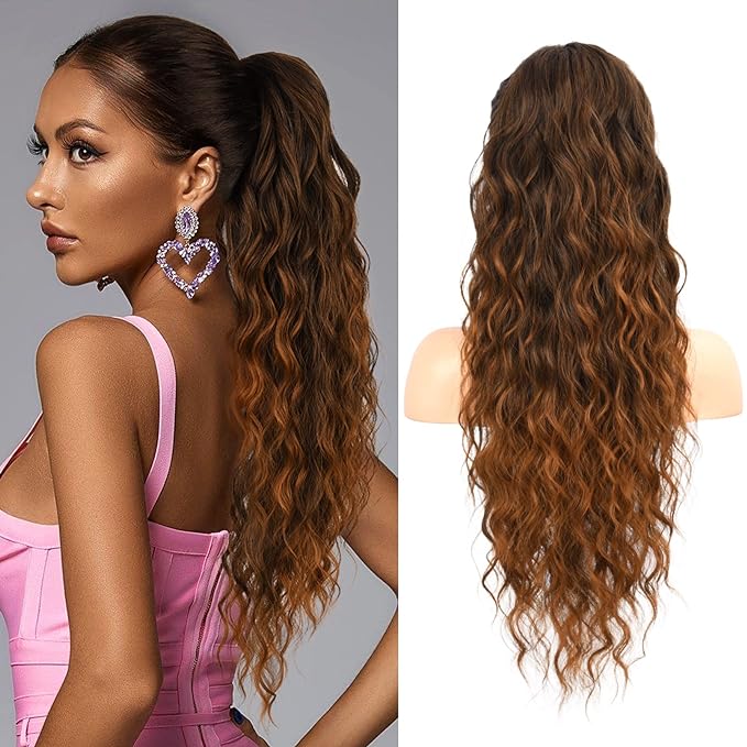 Flufymooz Ponytail Extension, 26 Inch Drawstring Ponytail Hair Extensions for Women， Long Curly Wavy Pony Tail Natural Wavy Synthetic Hairpiece for Women Daily Use party (26 Inch Almond brown)