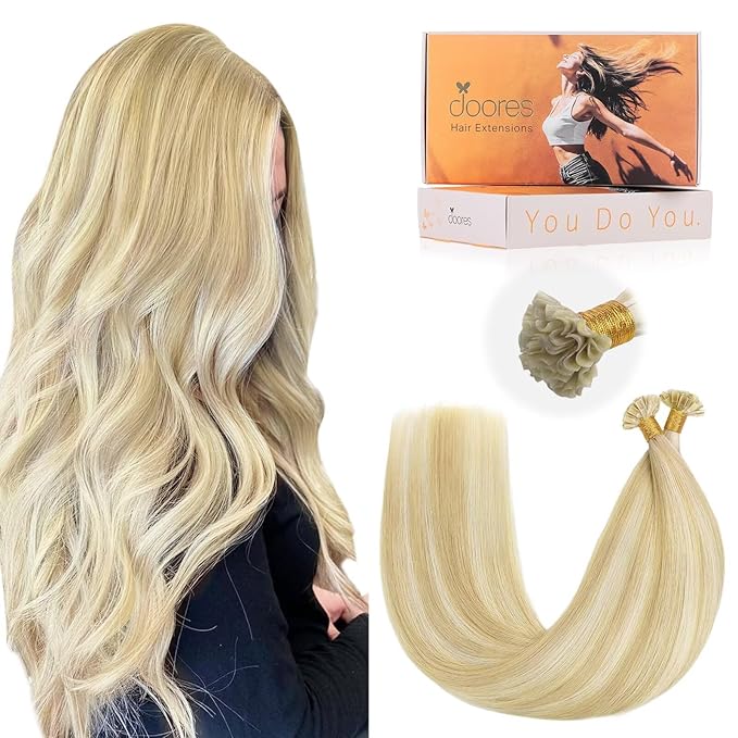 DOORES U Tip Hair Extensions Human Hair, Dark Blonde Highlighted Bleach Blonde 20 Inch 50g/50s, K Tip Extensions