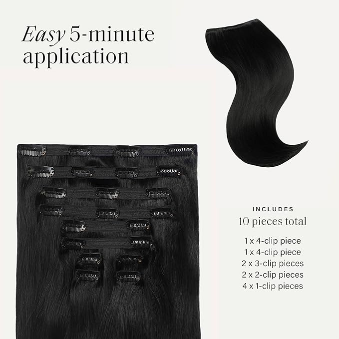 Luxy 100% Remy Human Hair, Classic 160g Clip-In Hair Extensions - 10 Wefts Multi-Dimensional Color for Natural Blending, Adds Volume & Length, Easy Apply & Remove 16" Jet Black Classic