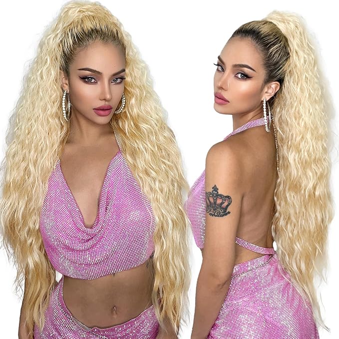 HOOJIH Ponytail Extension, 34 Inch Extra Long Drawstring Ponytail Honey Blonde Pony Tails Hair Extension Flurry Wavy Ponytails Soft Upgraded Synthetic Fiber Fake Ponytail Hairpiece for Women
