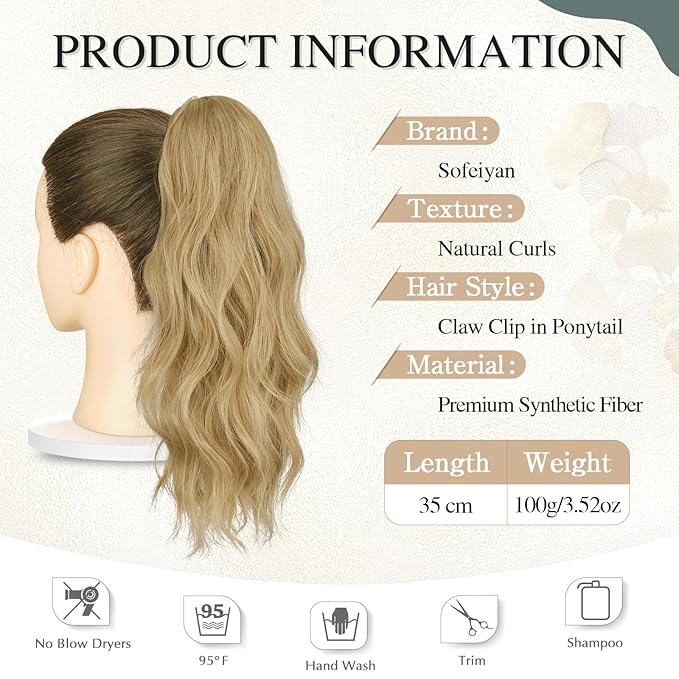 SOFEIYAN 14" Ponytail Extension, Short Wavy Claw Clip in Ponytail Hair Extension Synthetic Hairpieces Black Layered Natural Fluffy Curly Drawstring Ponytail Hair Piece for Women