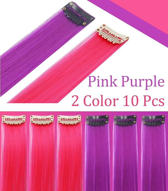 10 PCS Pink and Purple Wig Pieces Colorful Party Highlights Clip in Pink and Purple Hair Extensions Multicolors Straight Synthetic Hairpieces for Women Teens Girls