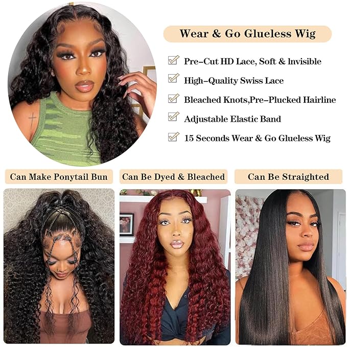 Wear and Go Glueless Wigs Human Hair Pre Plucked Pre Cut 5x5 HD Closure Wigs Human Hair Deep Wave Lace Front Wigs for Black Women 210% Dentisy 12A Deep Curly Glueless Wig Bleached Knots (34 Inch)