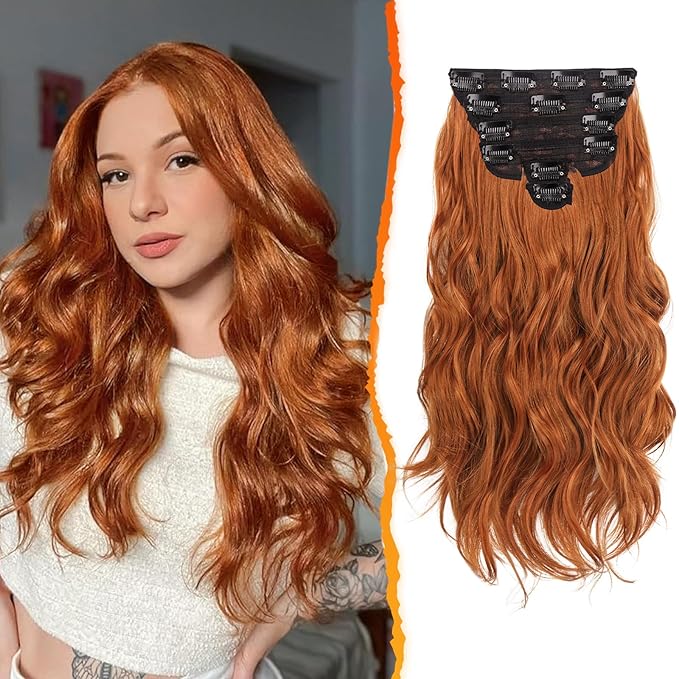 BARSDAR Ginger Copper Clip in Hair Extensions - 16 Inch 6PCs Full Head Beach Wavy Clip in Hair Extensions for Women - Voluminous Thick Soft Synthetic Hairpieces Daily Party Halloween- Ginger Copper