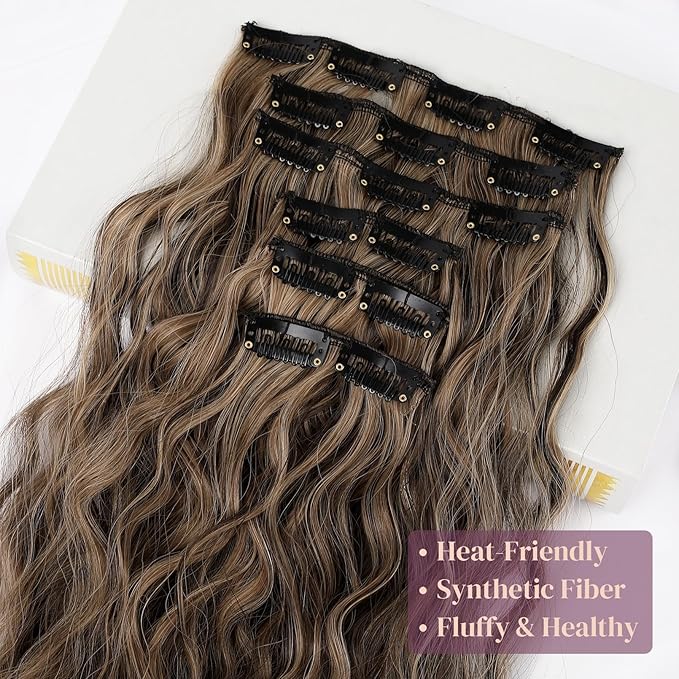 LONAI Clip In Hair Extensions, 6PCS Curly 24" Long Synthetic Clip On Hairpiece For Women