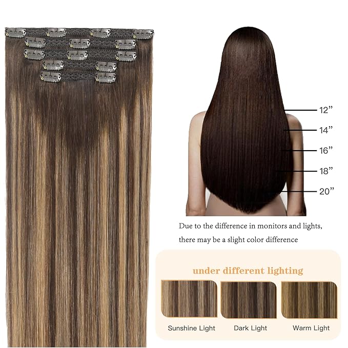 Clip in Hair Extensions Human Hair Balayage Chocolate Brown to Caramel Blonde 12 Inch 5pcs 80g Real Hair Extensions Human Hair Clip in Extensions Straight Hair Remy Extensions