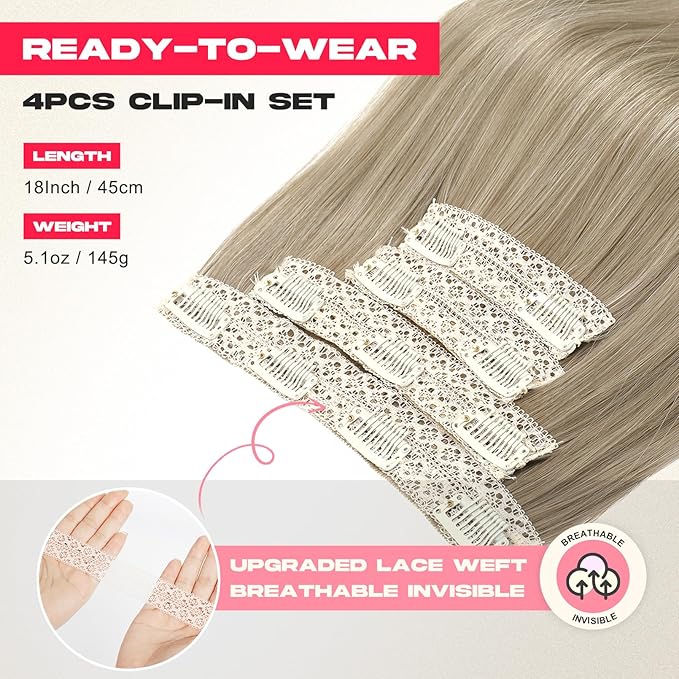 Hair Extensions, 4PCS 18" Clip in Hair Extensions Layered Cut Natural Lightweight Hairpieces with Thinner Softer Invisible Weft for Women - Ash Brown with Highlights