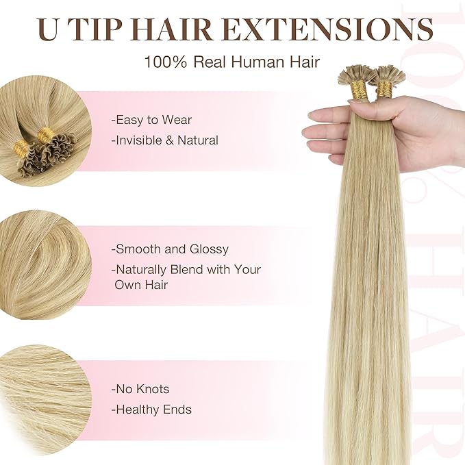 GOO GOO U Tip Hair Extensions Real Human Hair, 16inch 50g 50S, Invisible Remy Hot Fusion U Tip Hair Extensions,18ET90A Natural Blonde Balayage