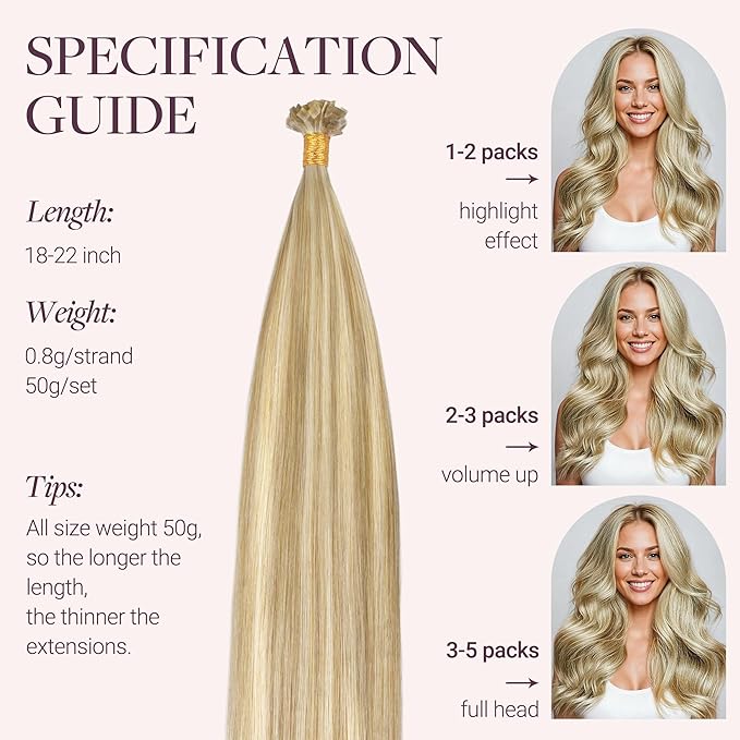 GOO GOO Mini Flat Tip Hair Extensions K Tip, Invisible Hot Fusion Human Hair Extensions, 22inch 50g 63S, 16/22 Light Blonde Highlighted Golden Blonde