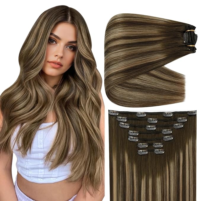 Full Shine Brown Human Hair Clip in Extensions 150 G Medium Brown Balayage Caramel Blonde Thick Hair Extensions 24 Inch Clip in Hair Extensions Human Hair Full Head Thick Ends 7 Pcs