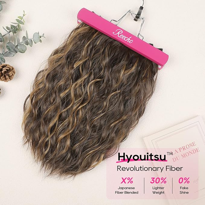 REECHO Clip in Hair Extensions, 4PCS 14" Short Wavy Hair Extensions Invisible Lace Weft Natural Soft Hairpieces for Women Chocolate Brown with Highlights