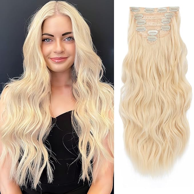 NAYOO Clip in Hair Extensions for Women 20 Inch Long Wavy Curly Light Blonde Hairpieces Full Head Synthetic Hair Hairpieces (6PCS, Light Blonde)