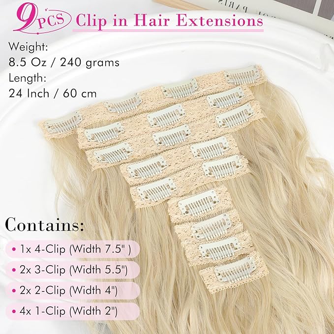 REECHO Hair Extensions, 9PCS Blonde Clip in Hair Extensions 24" Thick Long Mini Mermaid Wave Luxurious Lightweight Japanese Technology HYOUITSU Fiber Invisible Soft Lace Weft - HE009 Natural Blonde