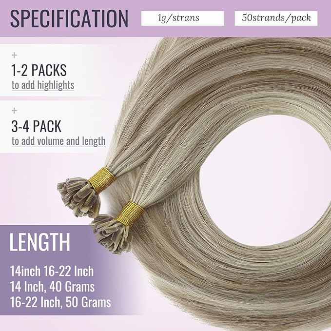 Fshine Keratin Bonded Hair Extensions Human Hair 22 Inch Light Brown With Platinum Blonde Highlighted U Tip Human Hair Extensions Straight Remy Fusions Bonding Hair Extension 50g/50s