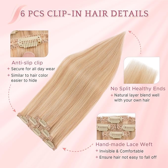 SEGO Single Clip In Hair Extensions Real Human Hair 6 Pcs Individual Clip Ins Highlight Remy Balayage Straight Soft Seamless Hairpieces for Women -14 Inch #18P613 Ash Blonde&Bleach Blonde