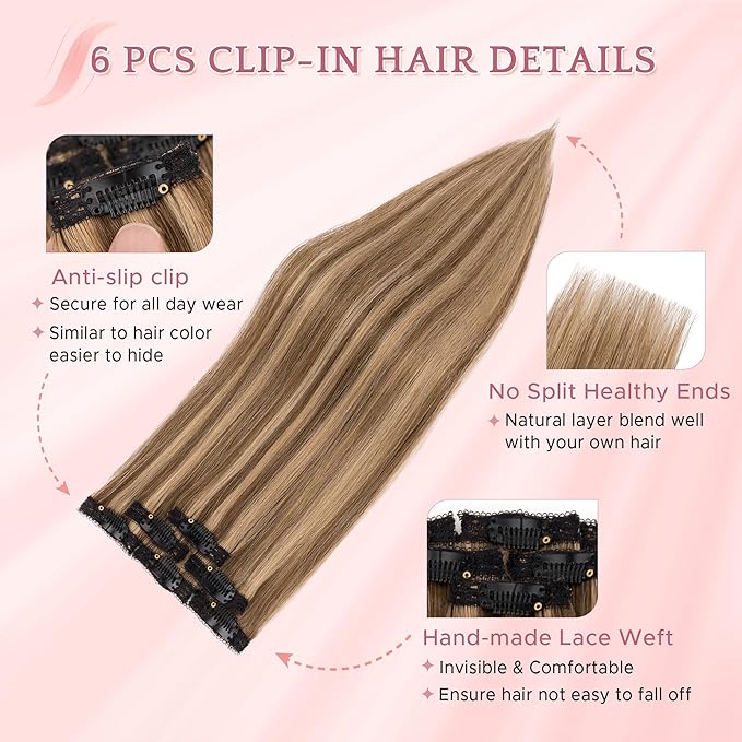SEGO Clip In Short Hair Extensions Real Human Hair Single 6 Pcs Individual Clip Ins Highlight Remy Balayage Straight Soft Seamless Hairpieces for Women /10 Inch #4P27 Medium Brown&Dark Blonde
