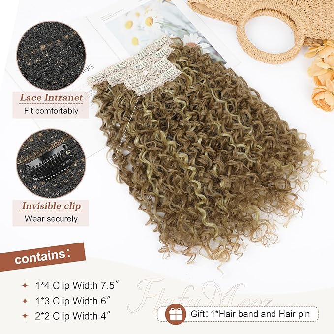 Flufymooz Clip in Hair Extensions, 4PC 100％ Pure Protein Silk Hair Extensions Long Soft Natural Hairpiece 20 Inch Curly Hair Extension for Women- Camel Brown with Blonde Highlights
