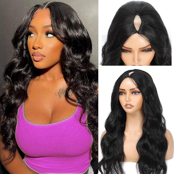 V Part Wig Human Hair Body Wave Upgrade U Part Human Hair Wig With Clips Glueless Wigs Human Hair Beginner Friendly 28 Inch V Shape Clip In Half Wigs for Women No Leave Out 180% Density