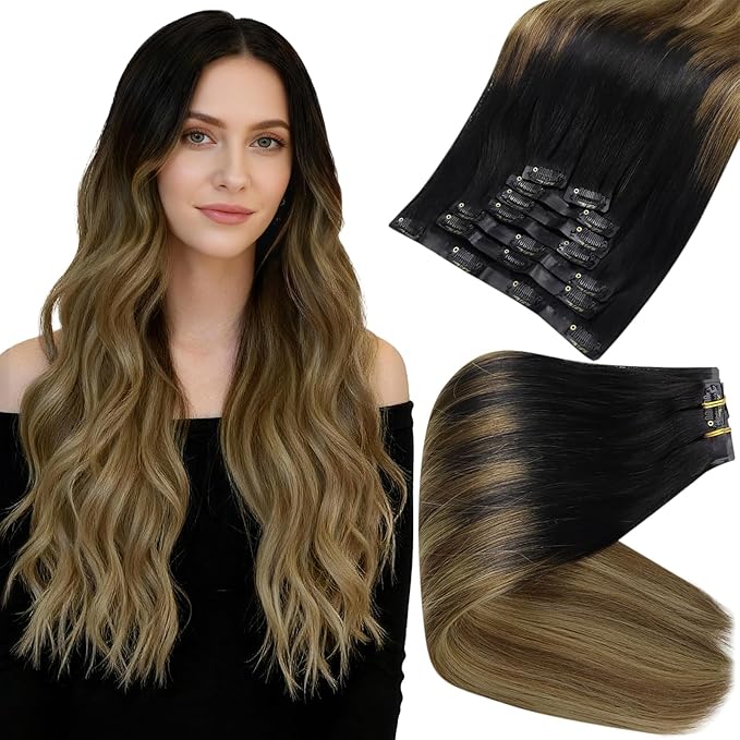 Full Shine Clip in Hair Extensions Black Hair Extensions Ombre Hair Extensions Clip Ins，16 Inch Natural Black To Medium Brown And Honey Blonde Invisile Hair Extensions With Pu Skin Weft 8pcs 120g
