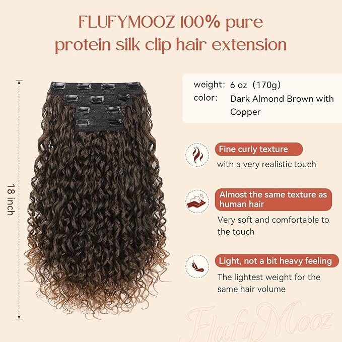 FLUFYMOOZ Clip in Hair Extensions, 18'' 4PC 100％ Pure Protein Silk Curly Hair extension for Women Lace Weft Hairpiece Natural Soft and comfortable for Daily Use-Dark Almond Brown with Copper