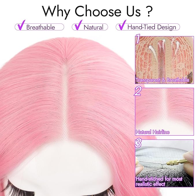 Light Pink Short Wavy Wig for Women Lace Hairline Bob Style Synthetic Heat Resistant - Natural Appearance for Everyday Hairstyle 14 Inch