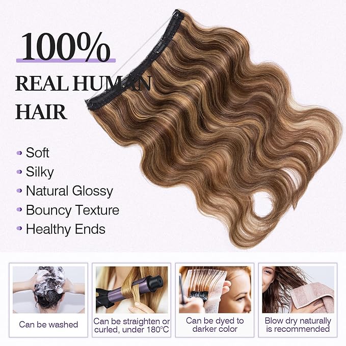 Halo Hair Extensions Real Human Hair,Halo Hair Extension 100% Human Hair,Wire Hair Extensions,Wavy 4P27 Medium Brown Mixed Dark Blonde 65g/16inch