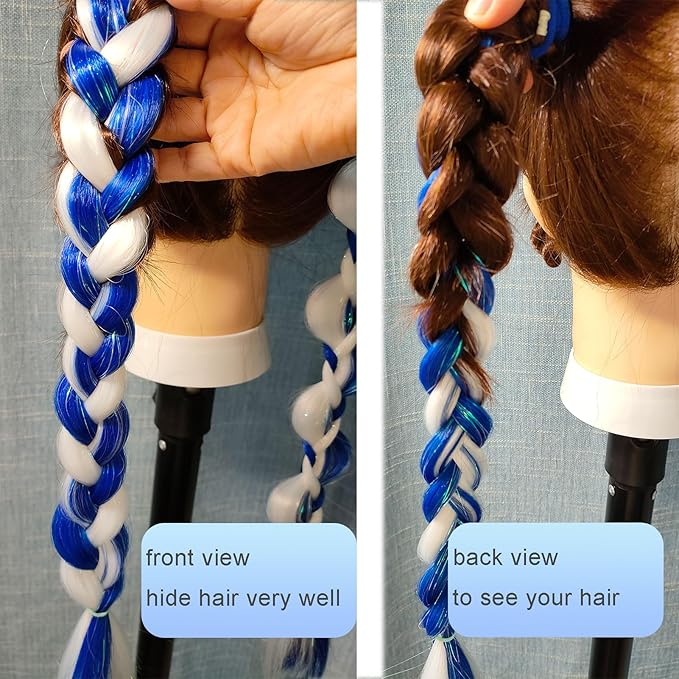 White and Blue Hair Extensions for Braids Ponytail Extension 2 Packs, 20 inch Crazy Hair Day Accessories for Women, DIY Festival Wacky Rave Braids for Women,Tinsel Mixed