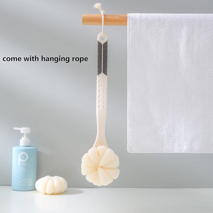 Shower Body Brush with Bristles and Large Pumpkin Loofah,Back Scrubber Bath Mesh Sponge with Anti-Slip Curved Long Handle for Skin Exfoliating,Massage Bristles for Wet or Dry,Men Women (Grey)