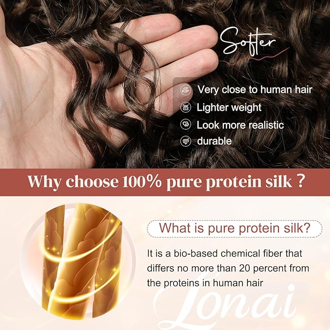 LONAI 4PC Clip in Hair Extensions, 100％ Pure Protein Silk Curly Hair Extension for Women, 26 Inch Long Soft Natural Hair Extensions-Dark Almond brown with copper