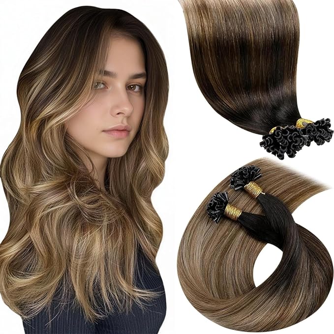 LaaVoo U Tip Hair Extensions Human Hair Ombre Dark Brown to Chestnut Brown with Ash Brown Utip Hair Extensions for Women Keratin Extensions Real Human Hair 18 inch 50g/50s