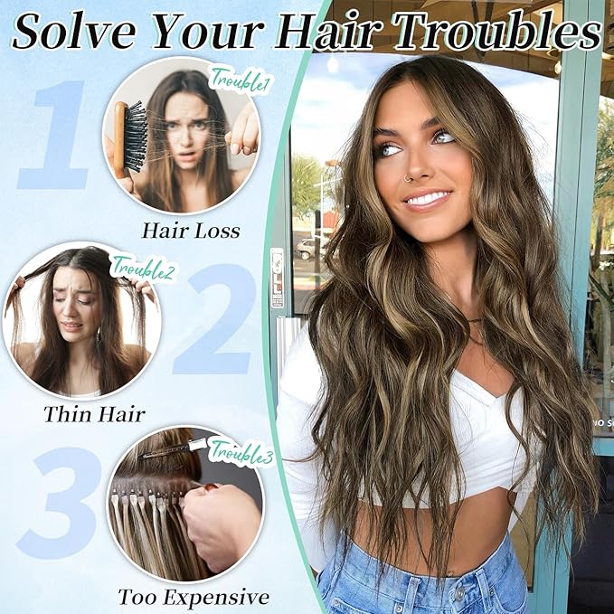 KooKaStyle Clip in Synthetic Hair Extensions Long Wavy 4PCS Thick Hairpieces Brown mix Sandy Blonde F6/18 Fiber Double Weft Natural Hair Extensions 20 Inch for Women