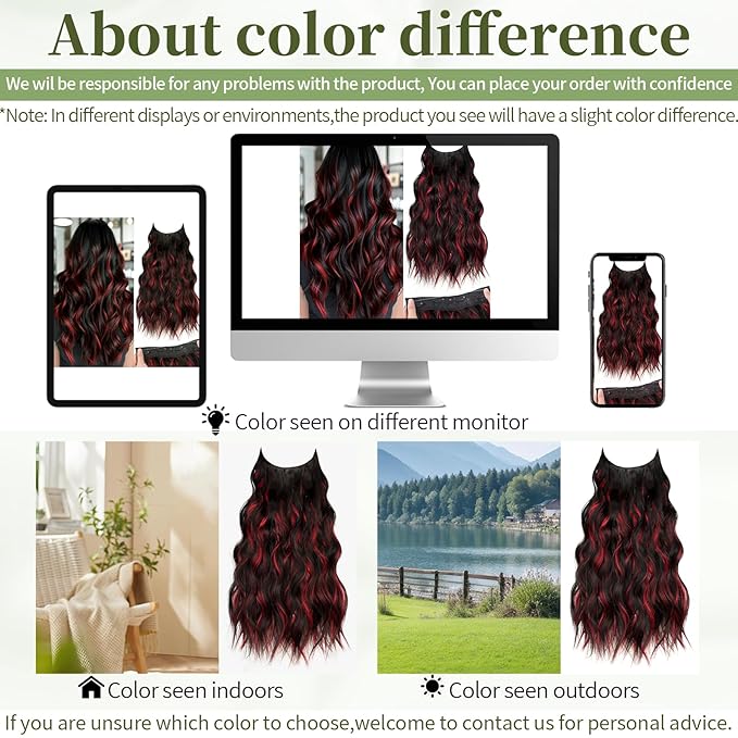 KooKaStyle Invisible Wire Hair Extensions with Transparent Headband Adjustable Size 4 Secure Clips Long Wavy Highlight Hairpiece 20 Inch Black and Red Streaks for Women