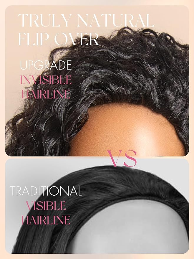 LUVME HAIR Half Wig Human Hair Water Wave Flexi-Fit Invisi Flip Drawstring Wig 200% Density Glueless Wigs 100% Human Hair Natural Black Ready to Go Headband Wig for Women